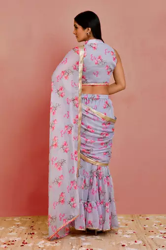 Grey floral printed chiffon pre-stiched sharara saree with blouse