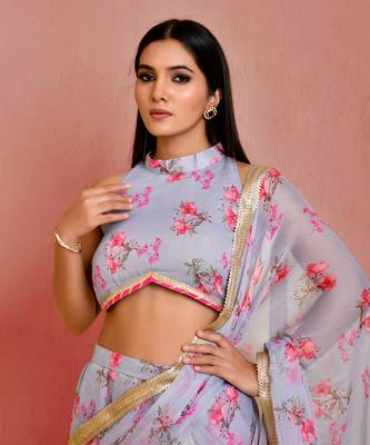 Grey floral printed chiffon pre-stiched sharara saree with blouse 5