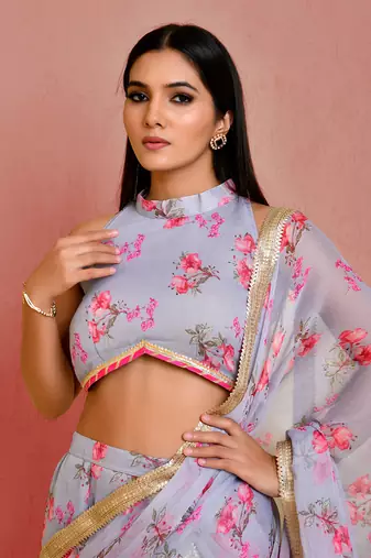 Grey floral printed chiffon pre-stiched sharara saree with blouse