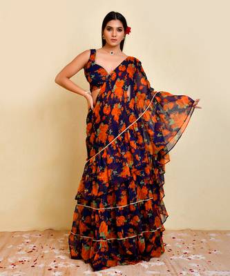 Navy blue floral printed chiffon pre-stiched saree with blouse 1