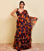 Navy blue floral printed chiffon pre-stiched saree with blouse