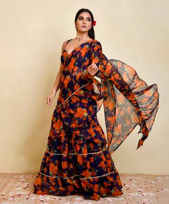 Navy blue floral printed chiffon pre-stiched saree with blouse 2