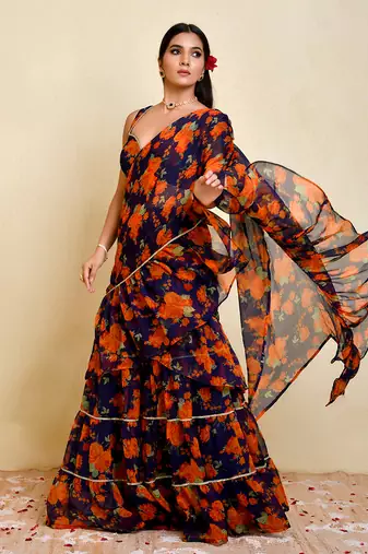Navy blue floral printed chiffon pre-stiched saree with blouse