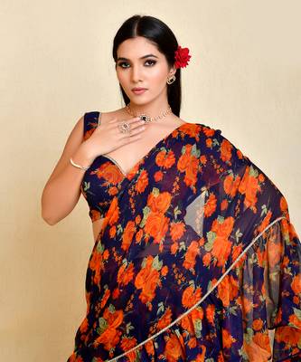 Navy blue floral printed chiffon pre-stiched saree with blouse 3