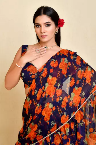 Navy blue floral printed chiffon pre-stiched saree with blouse