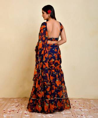 Navy blue floral printed chiffon pre-stiched saree with blouse 4