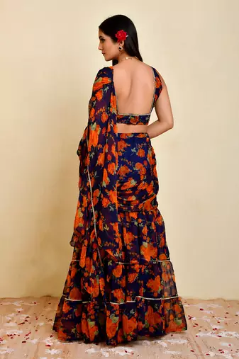 Navy blue floral printed chiffon pre-stiched saree with blouse