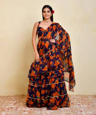 Navy blue floral printed chiffon pre-stiched saree with blouse 5