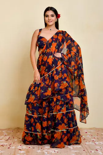 Navy blue floral printed chiffon pre-stiched saree with blouse