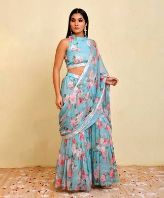 Blue Georgette Floral Printed Sharara Saree 1