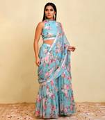 Blue Georgette Floral Printed Sharara Saree