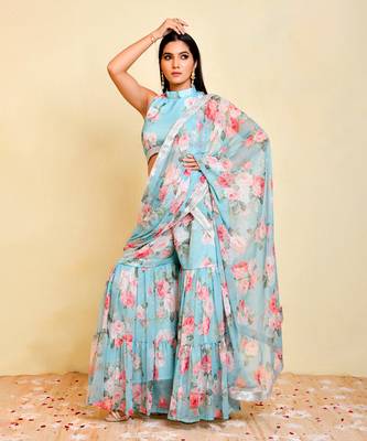 Blue Georgette Floral Printed Sharara Saree 2