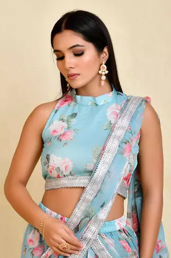 Blue Georgette Floral Printed Sharara Saree