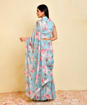 Blue Georgette Floral Printed Sharara Saree 4