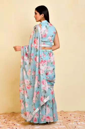 Blue Georgette Floral Printed Sharara Saree