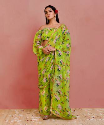 Green floral printed georgette pre-stiched pant saree with blouse 1