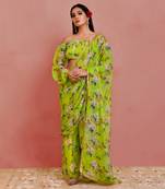 Green floral printed georgette pre-stiched pant saree with blouse
