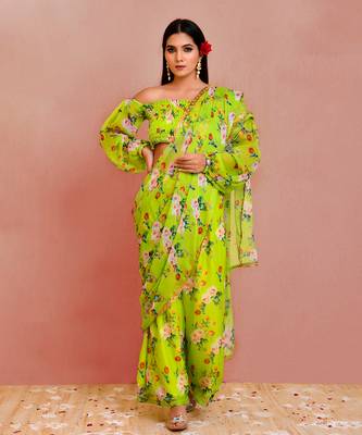 Green floral printed georgette pre-stiched pant saree with blouse 2