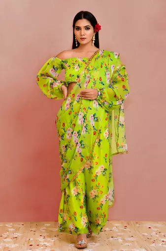 Green floral printed georgette pre-stiched pant saree with blouse