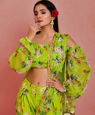 Green floral printed georgette pre-stiched pant saree with blouse 3
