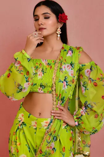 Green floral printed georgette pre-stiched pant saree with blouse