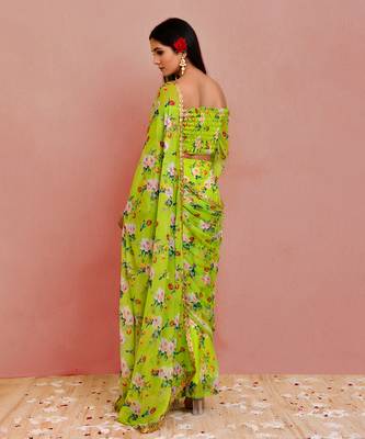 Green floral printed georgette pre-stiched pant saree with blouse 4
