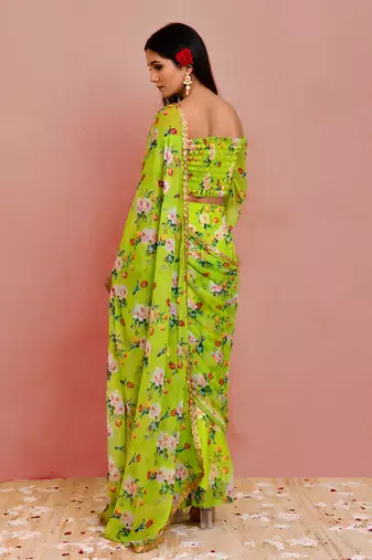 Green floral printed georgette pre-stiched pant saree with blouse