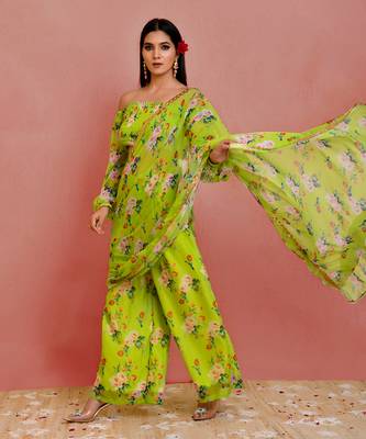 Green floral printed georgette pre-stiched pant saree with blouse 5