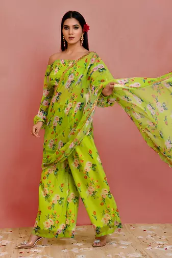 Green floral printed georgette pre-stiched pant saree with blouse