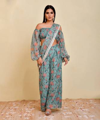 Blue floral printed georgette pre-stiched pant saree with blouse 1