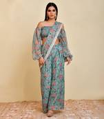 Blue floral printed georgette pre-stiched pant saree with blouse
