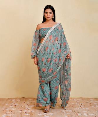 Blue floral printed georgette pre-stiched pant saree with blouse 2