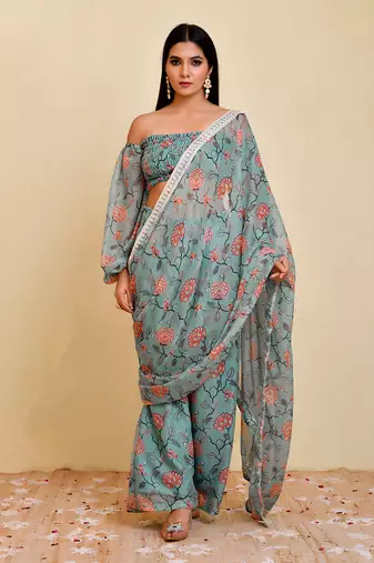 Blue floral printed georgette pre-stiched pant saree with blouse