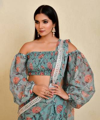 Blue floral printed georgette pre-stiched pant saree with blouse 3