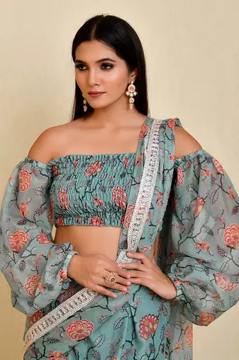 Blue floral printed georgette pre-stiched pant saree with blouse