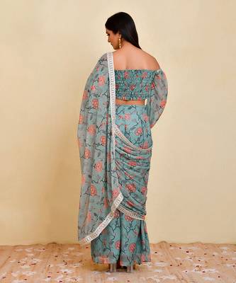 Blue floral printed georgette pre-stiched pant saree with blouse 4