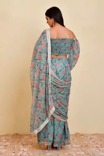 Blue floral printed georgette pre-stiched pant saree with blouse