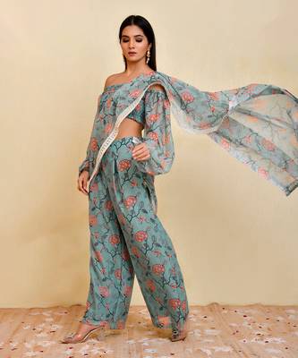 Blue floral printed georgette pre-stiched pant saree with blouse 5