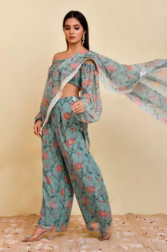 Blue floral printed georgette pre-stiched pant saree with blouse