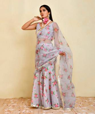 Grey floral printed chanderi and organza pre-stiched saree with blouse 1