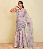 Grey floral printed chanderi and organza pre-stiched saree with blouse