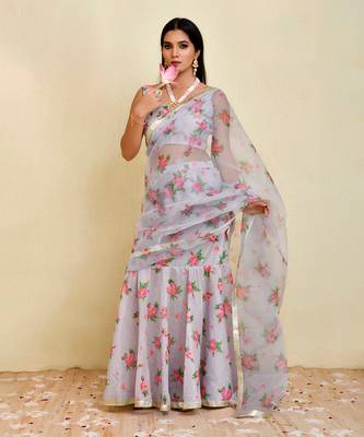 Grey floral printed chanderi and organza pre-stiched saree with blouse 2