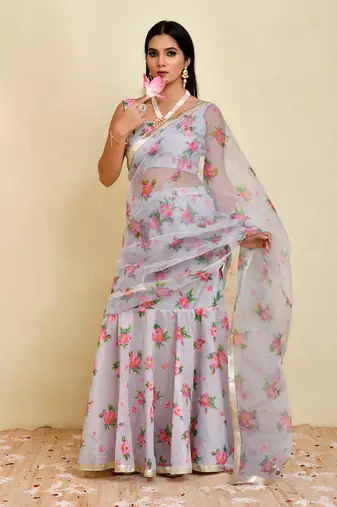 Grey floral printed chanderi and organza pre-stiched saree with blouse