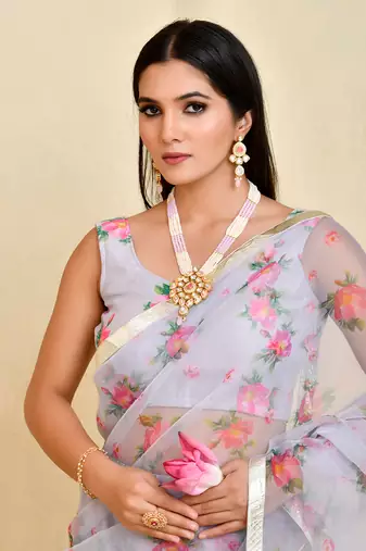 Grey floral printed chanderi and organza pre-stiched saree with blouse