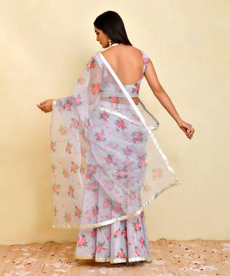 Grey floral printed chanderi and organza pre-stiched saree with blouse 4