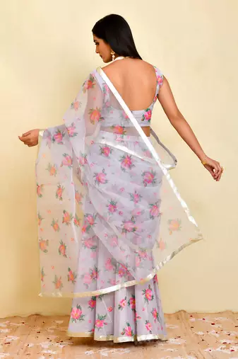 Grey floral printed chanderi and organza pre-stiched saree with blouse