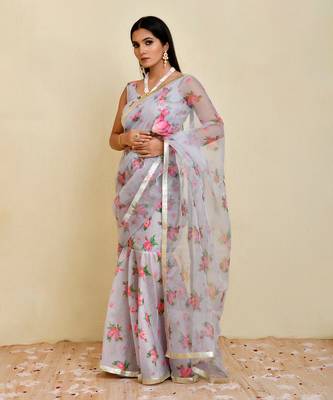 Grey floral printed chanderi and organza pre-stiched saree with blouse 5