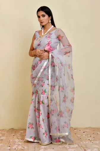 Grey floral printed chanderi and organza pre-stiched saree with blouse