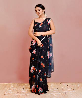 Black floral printed georgette pre-stiched saree with blouse 1
