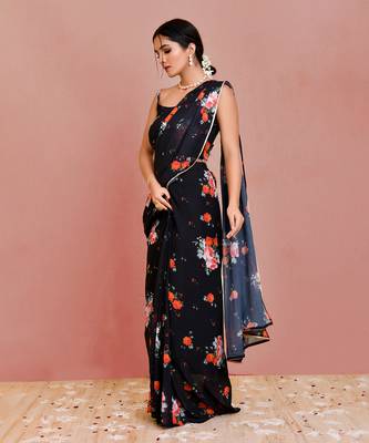 Black floral printed georgette pre-stiched saree with blouse 2